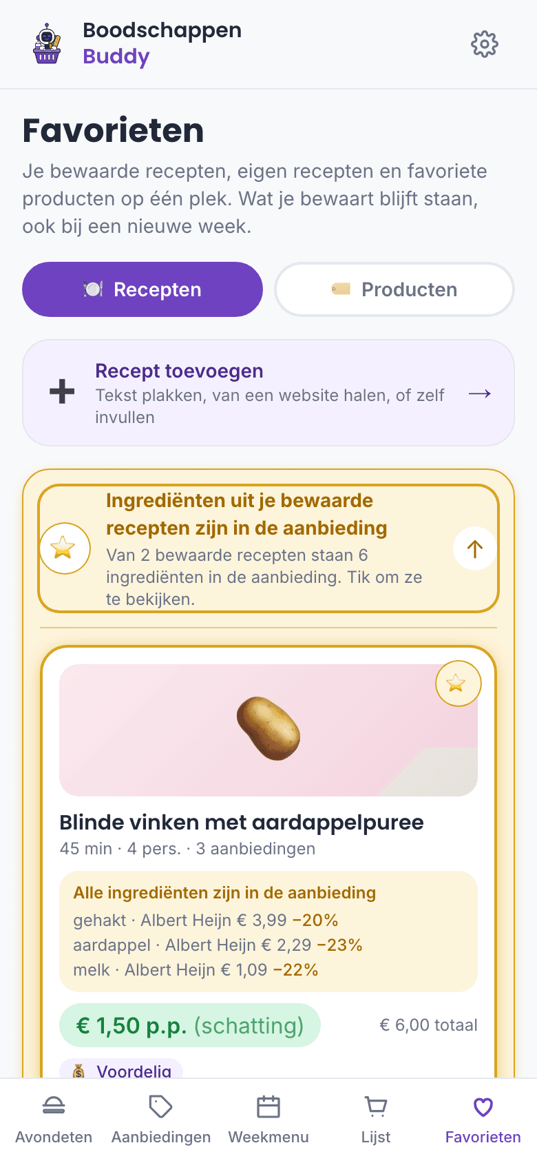 Melding in de app dat van twee bewaarde recepten zes ingrediënten in de aanbieding zijn, met de recepten eronder
